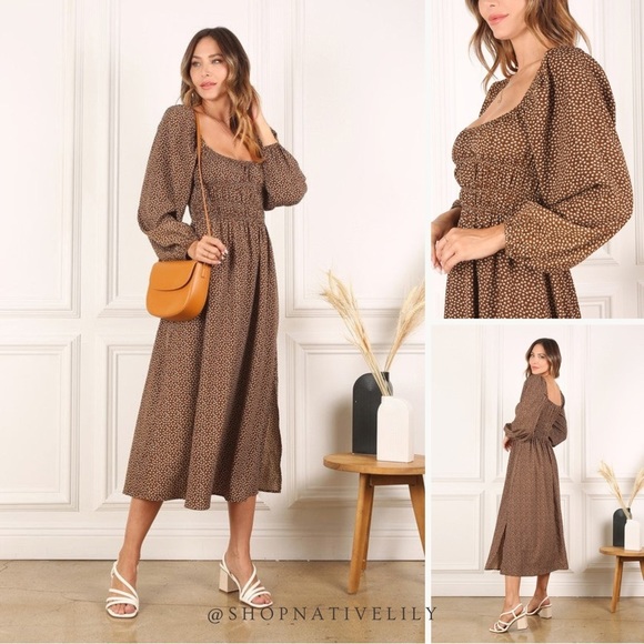 Lilou Dresses & Skirts - NWT Lilou Square Neck Vintage Boho Puff Sleeve Midi Dress, Brown | Easter